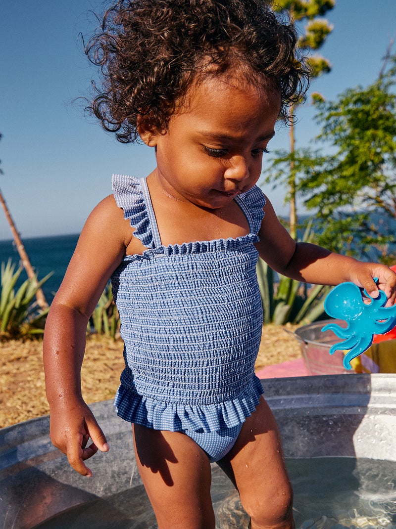 Bañador de una pieza smock con volantes Azul - Kiabi