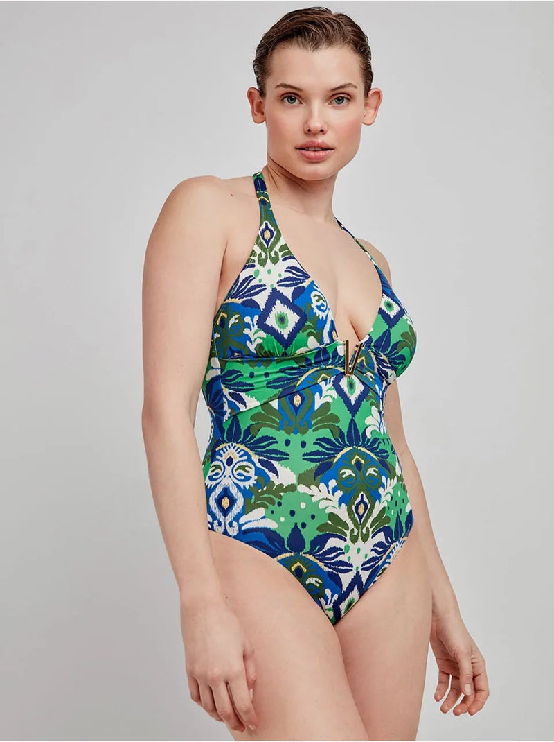 Bañador estampado sin aro, con foam, cuello halter y escote v Multicolor - Kiabi