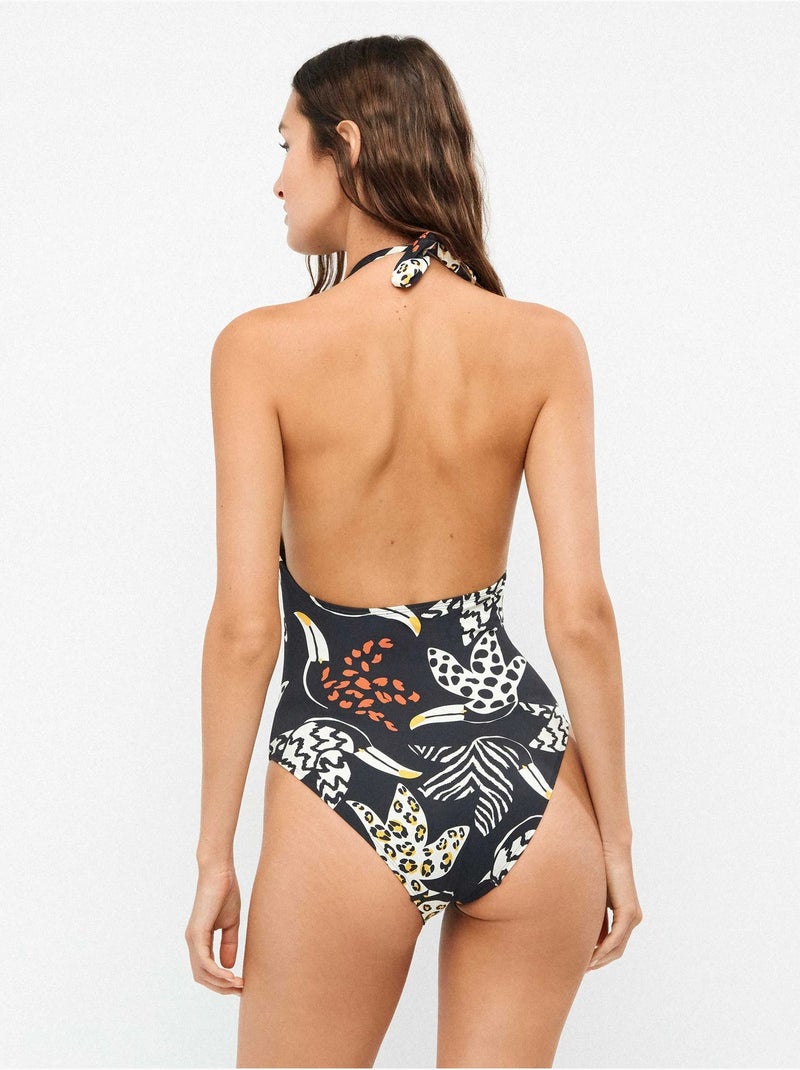 Bañador halter con foam fijo y sin aro, con escote corte en v estampado tropical Multicolor - Kiabi