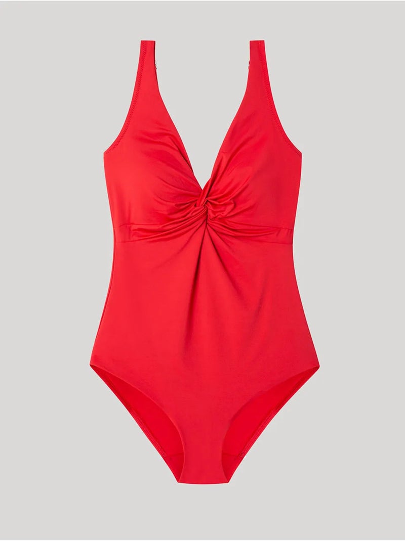 Bañador plus size moldeador, sin aro, con foam y nudo en escote Rojo - Kiabi