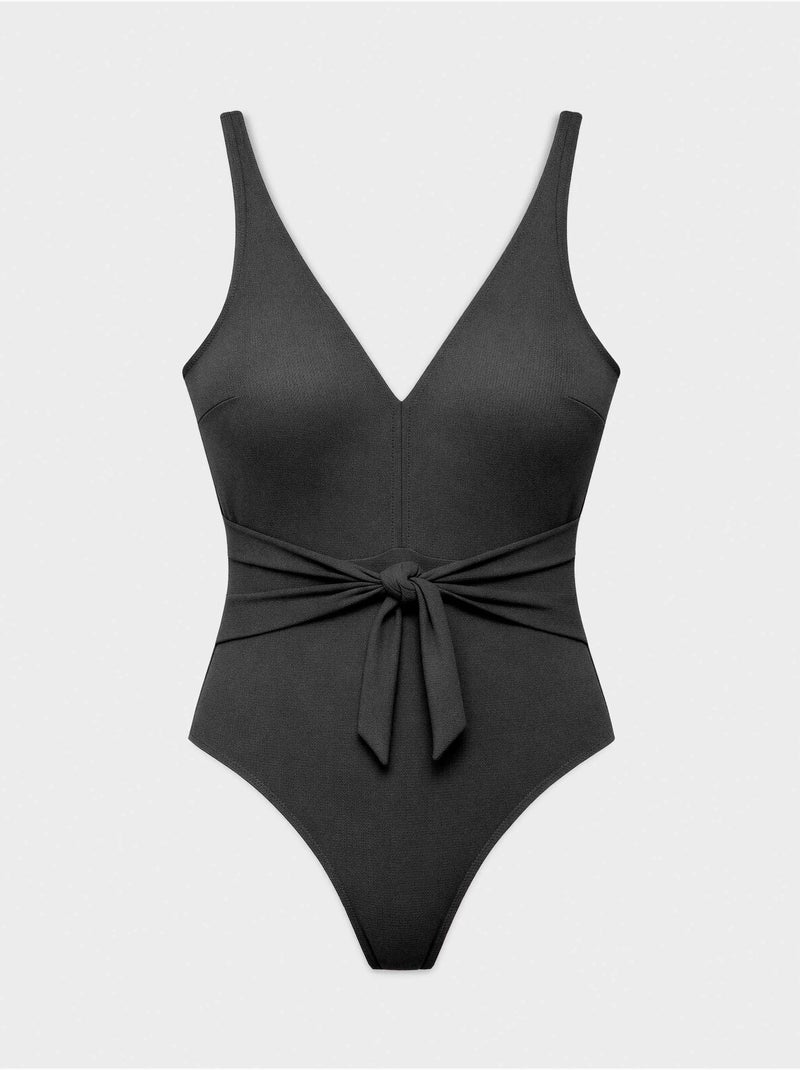 Bañador sin aro y con foam en tejido piqué con nudo en cintura Negro - Kiabi