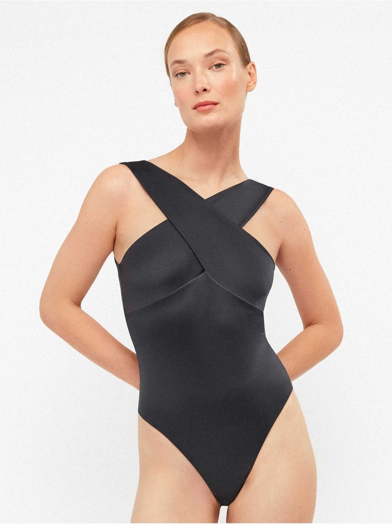 Bañador tipo body sin foam con cruce delantero satinado Negro - Kiabi
