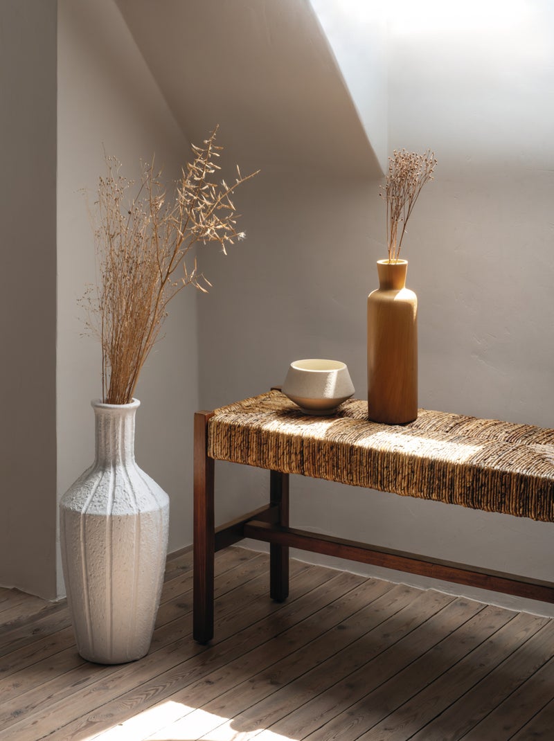 Banco trenzado de fibra natural con estructura de madera Beige concha - Kiabi