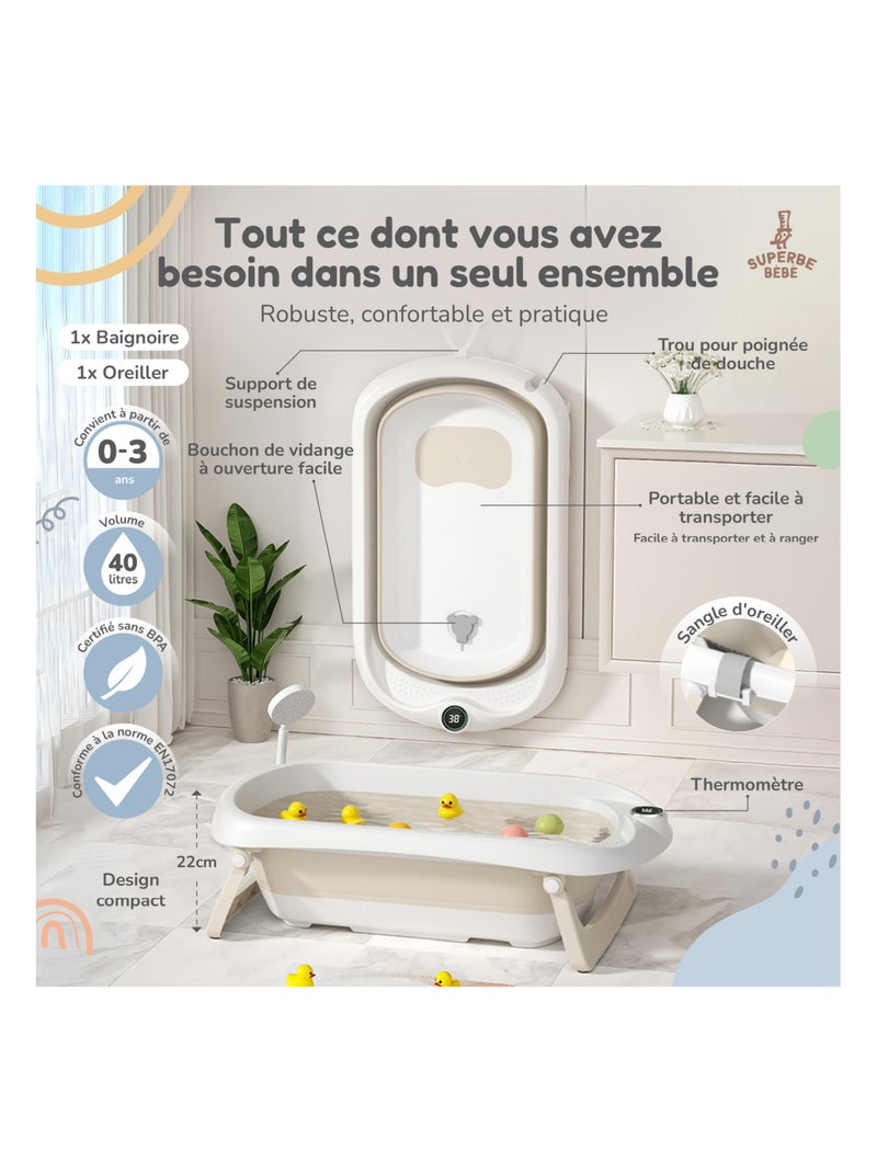 Bañera plegable para bebés - Termómetro y cojín incluidos | SUPERBE BEBE Blanco Amarillo - Kiabi