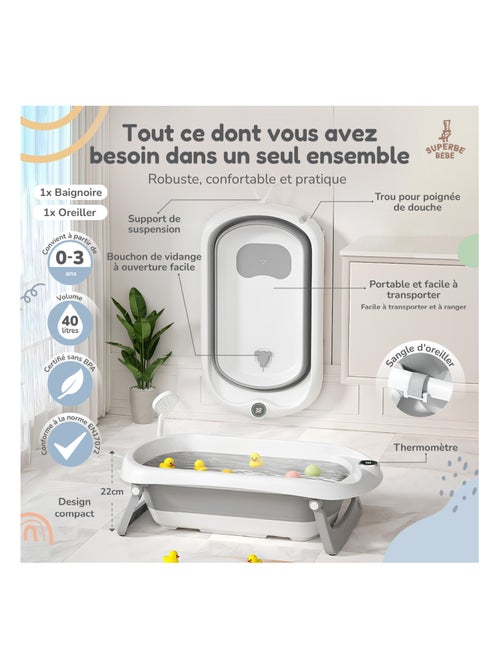 Bañera plegable para bebés - Termómetro y cojín incluidos | SUPERBE BEBE - Kiabi