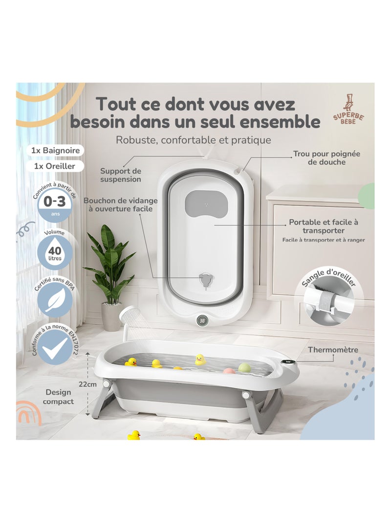 Bañera plegable para bebés - Termómetro y cojín incluidos | SUPERBE BEBE Blanco Gris - Kiabi