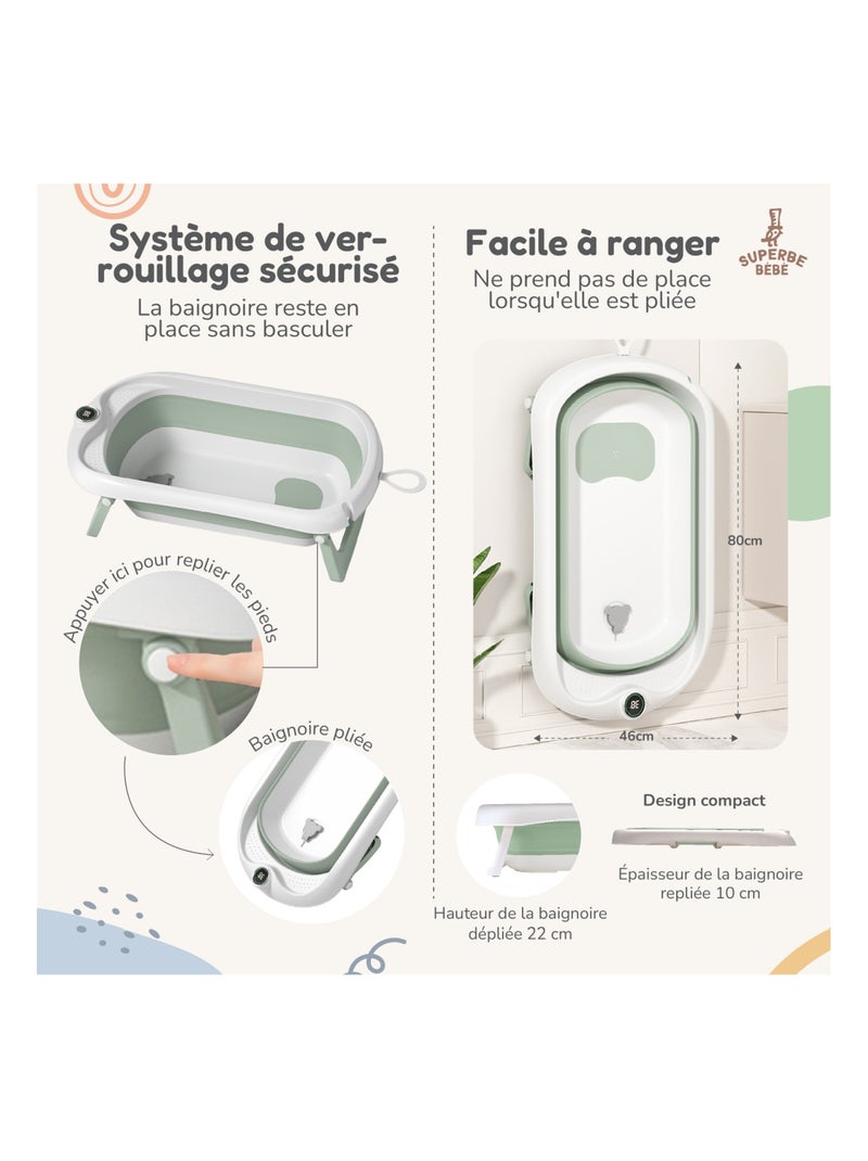 Bañera plegable para bebés - Termómetro y cojín incluidos | SUPERBE BEBE Blanco Verde - Kiabi