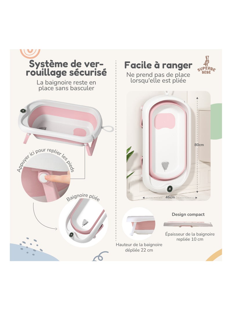 Bañera plegable para bebés - Termómetro y hamaca incluidos | SUPERBE BEBE Rosa - Kiabi