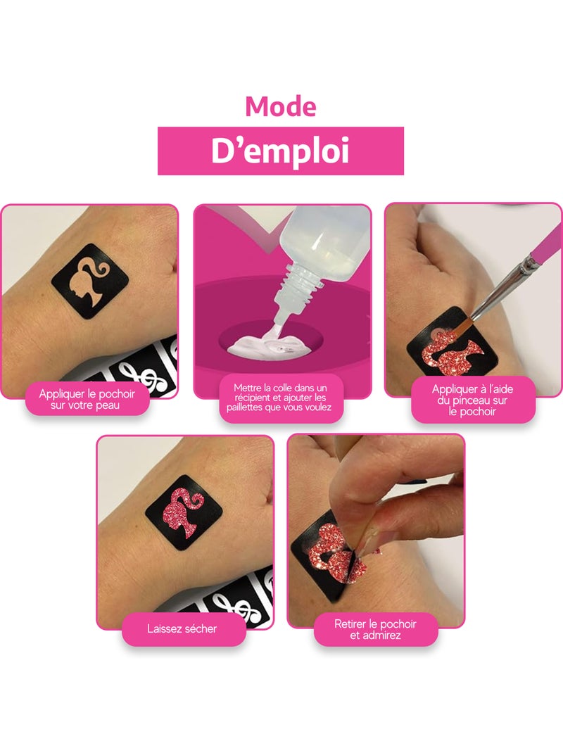 Barbie estudio de tatuajes brillantes c/plantillas y gemas adhesivas Rosa - Kiabi