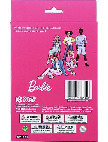 Barbie mix pack de bolígrafo de gel borrable + lápiz eternal + 4 gomas + sacapuntas, rosa
