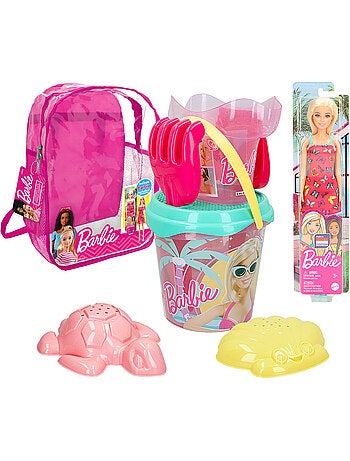 Barbie set cubo playa c/muñeca, accesorios y mochila transporte
