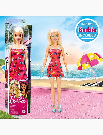 Barbie set cubo playa c/muñeca, accesorios y mochila transporte