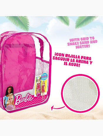Barbie set cubo playa c/muñeca, accesorios y mochila transporte