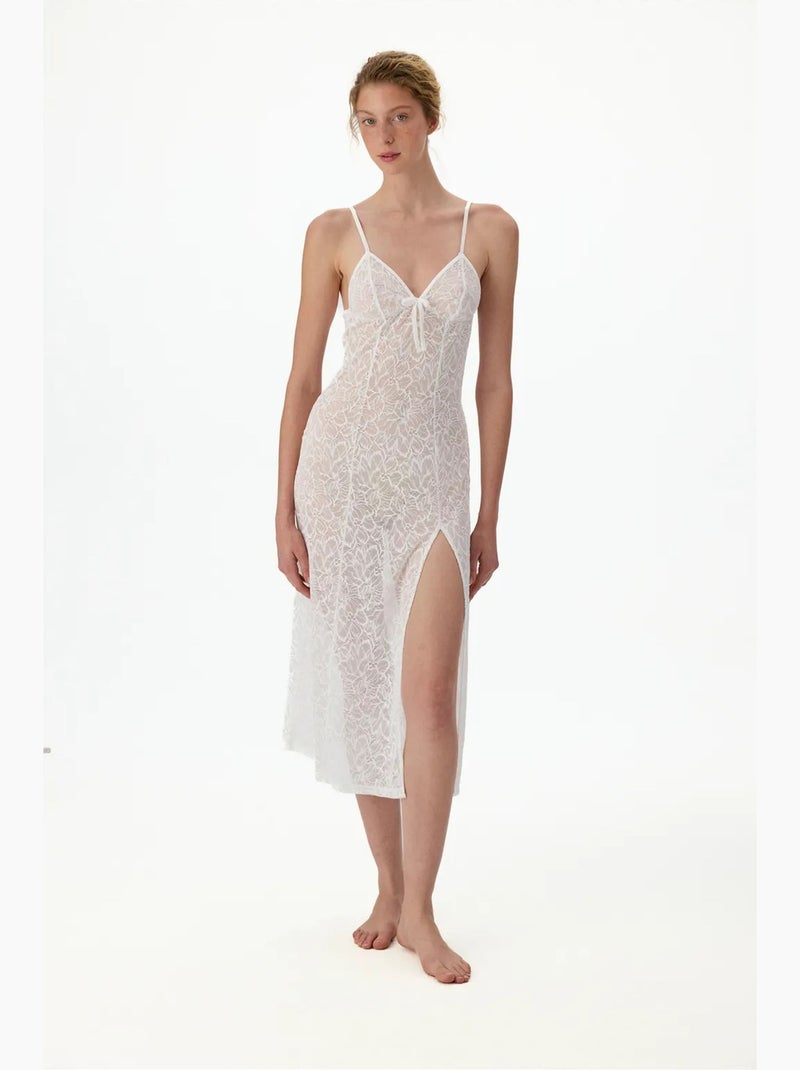 Bata bridal delicada de encaje con manga larga arrugada penti Blanco - Kiabi
