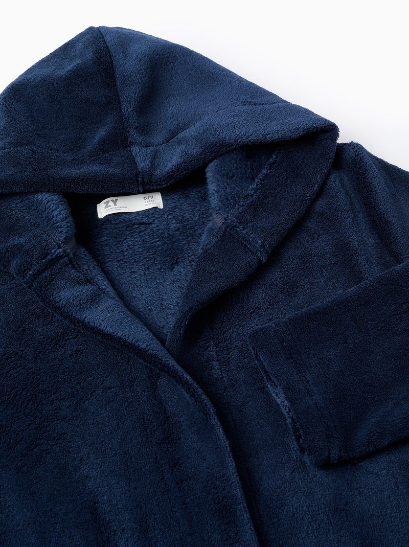 Bata de peluche con capucha y cinturón Azul oscuro - Kiabi