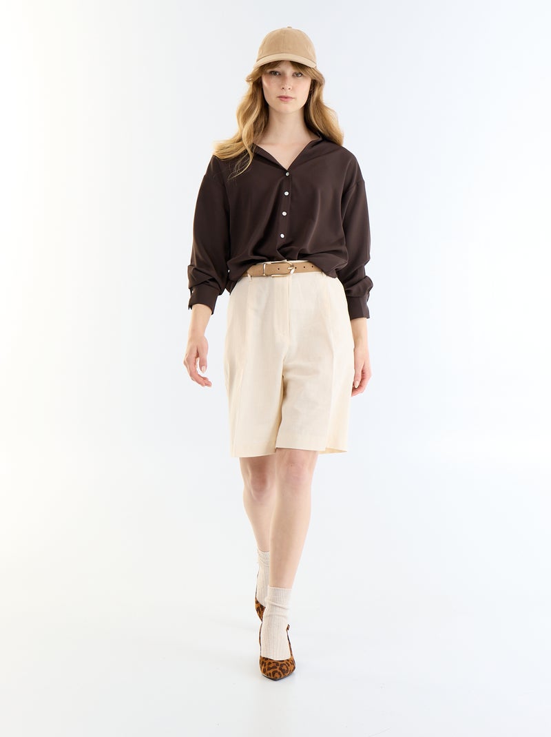 Bermuda ancha de lino mezclado con pinzas Beige - Kiabi
