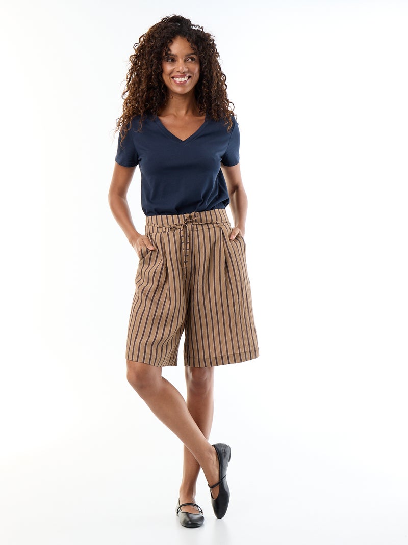 Bermuda ancha de rayas de talle alto Beige - Kiabi