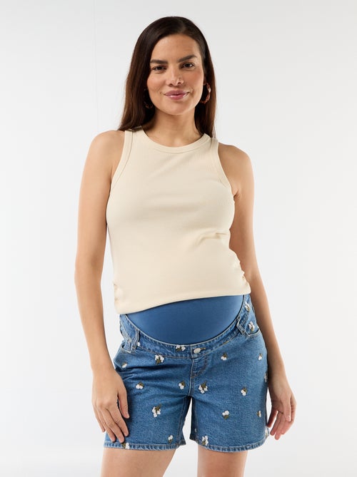 Bermuda vaquero de tiro alto de maternidad con bordados - Kiabi