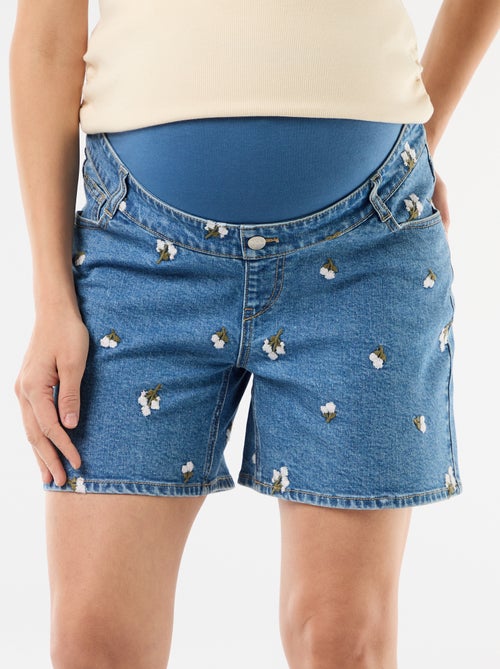 Bermuda vaquero de tiro alto de maternidad con bordados - Kiabi