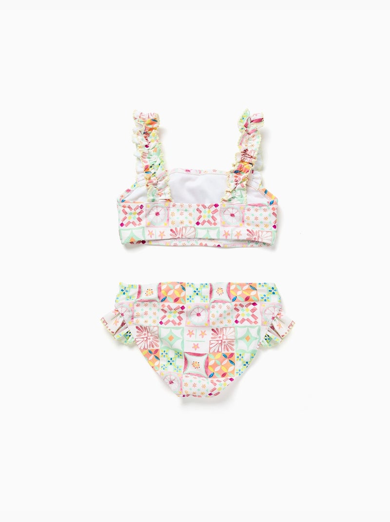 Bikini con estampado de azulejos y volantes Blanco - Kiabi