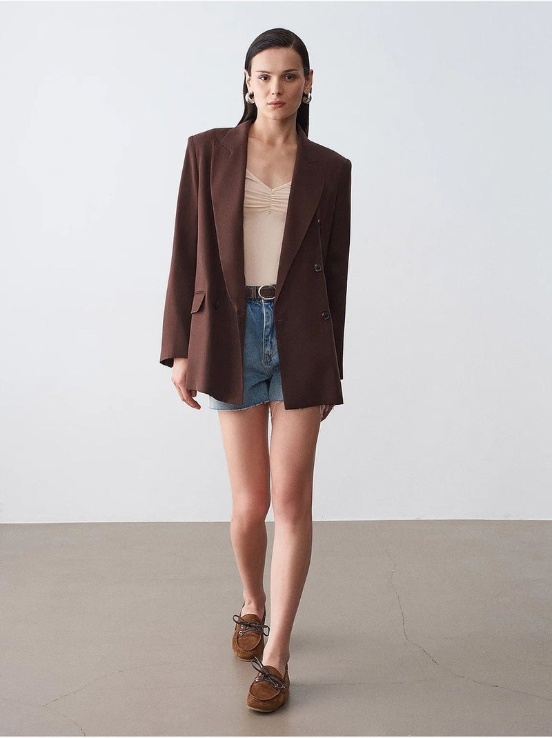 Blazer largo de tencel con cuello chal dilvin Marrón chocolate - Kiabi
