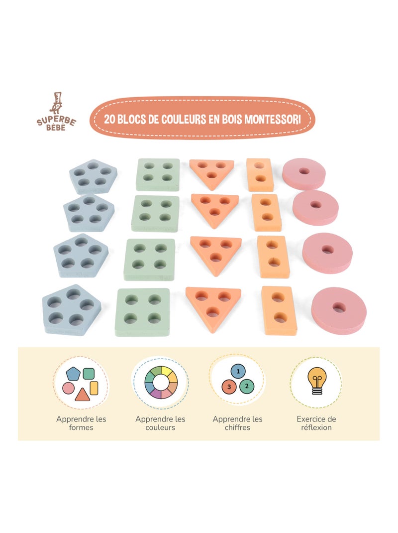 Bloques de madera para apilar - Juego educativo | SUPERBE BEBE N/D - Kiabi