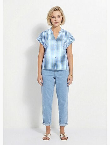 Blusa a cuadros con mangas cortas tipo kimono - Afibel