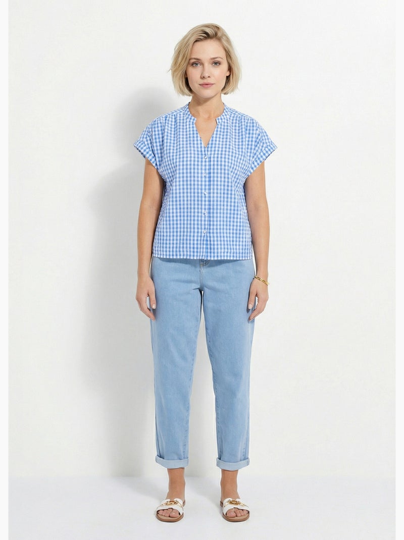 Blusa a cuadros con mangas cortas tipo kimono - Afibel Blanco Azul - Kiabi