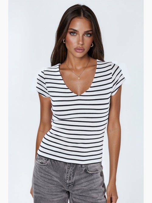 Blusa a rayas en mezcla de algodón con escote en v busem - Kiabi Blusa a rayas en mezcla de algodón con escote en v busem - Kiabi