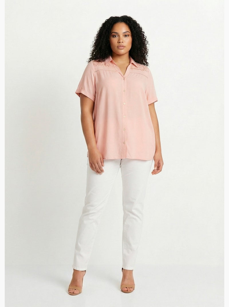 Blusa abotonada encaje y calado - Afibel Rosa - Kiabi