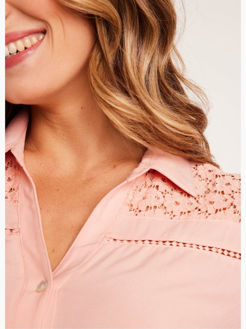 Blusa abotonada encaje y calado - Afibel Rosa - Kiabi