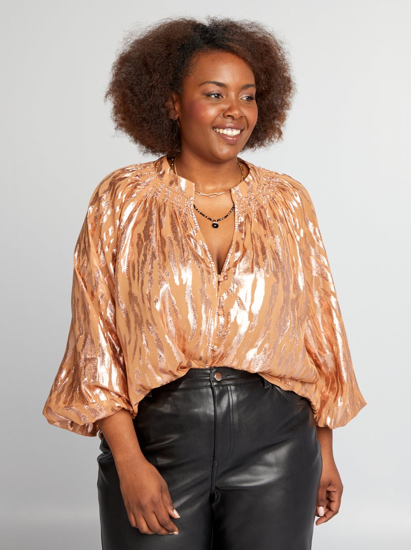 Blusa abullonada de punto satinado NARANJA - Kiabi