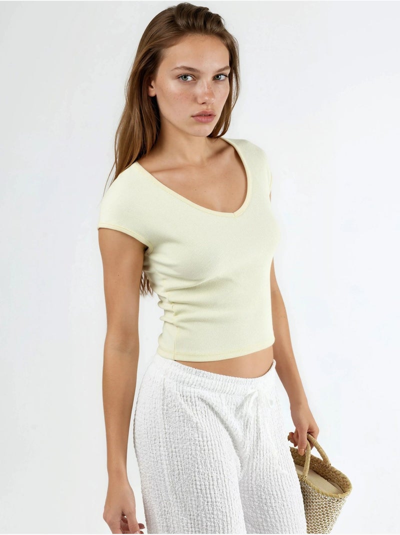 Blusa acanalada con cuello en v busem Amarillo limón - Kiabi