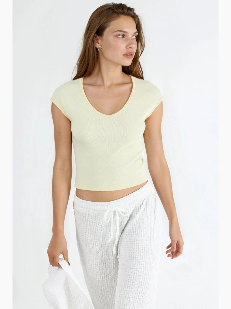 Blusa acanalada con cuello en v busem Amarillo limón - Kiabi
