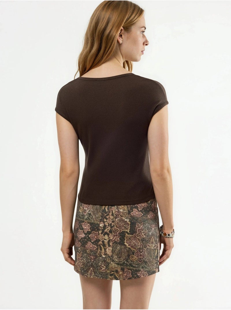 Blusa acanalada con cuello en v busem Marrón - Kiabi