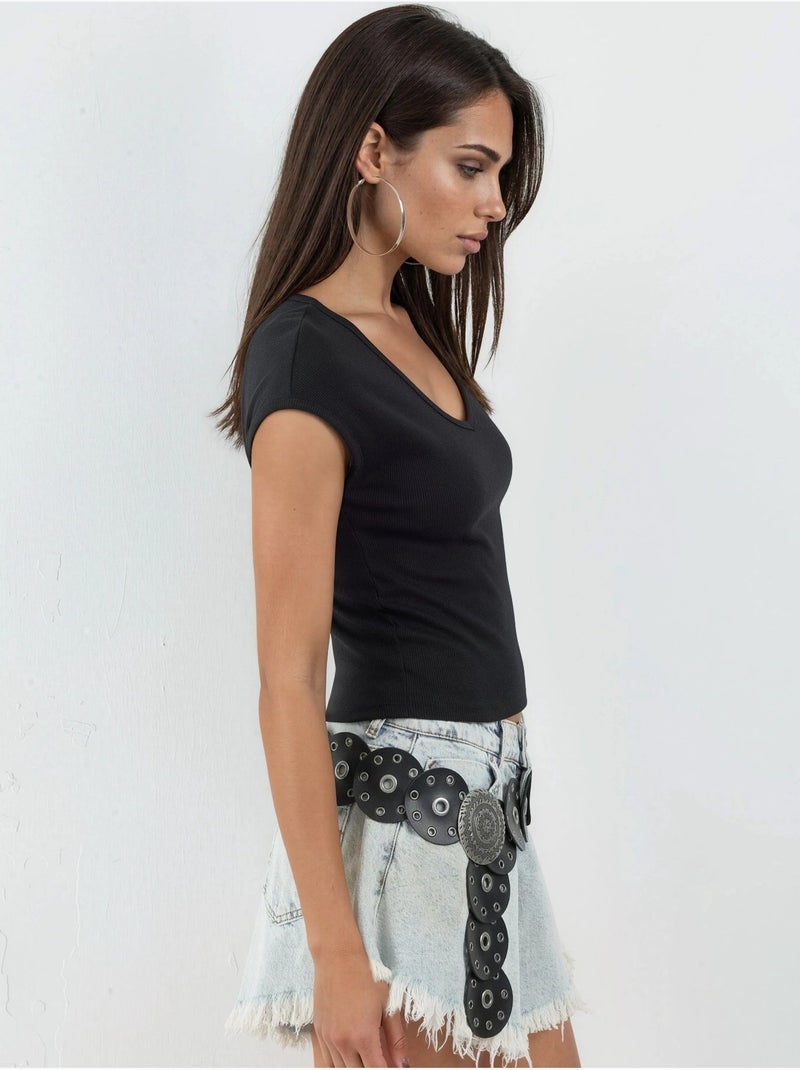 Blusa acanalada con cuello en v busem Negro - Kiabi