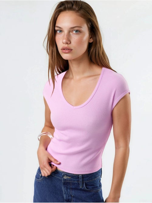 Blusa acanalada con cuello en v busem - Kiabi Blusa acanalada con cuello en v busem - Kiabi