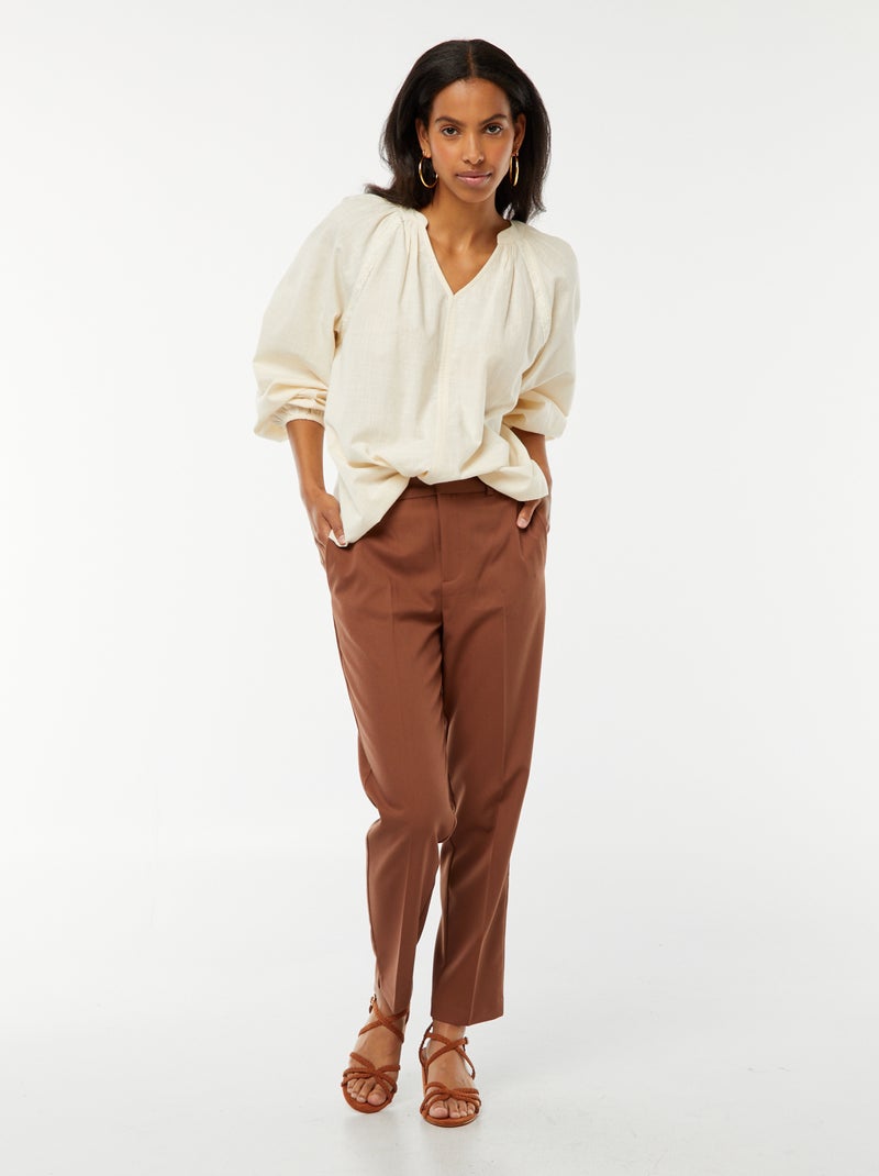 Blusa ancha de algodón con bordados Beige - Kiabi