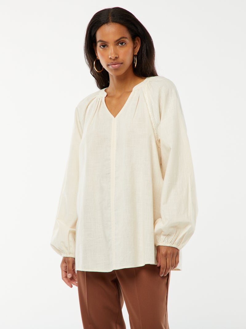Blusa ancha de algodón con bordados Beige - Kiabi
