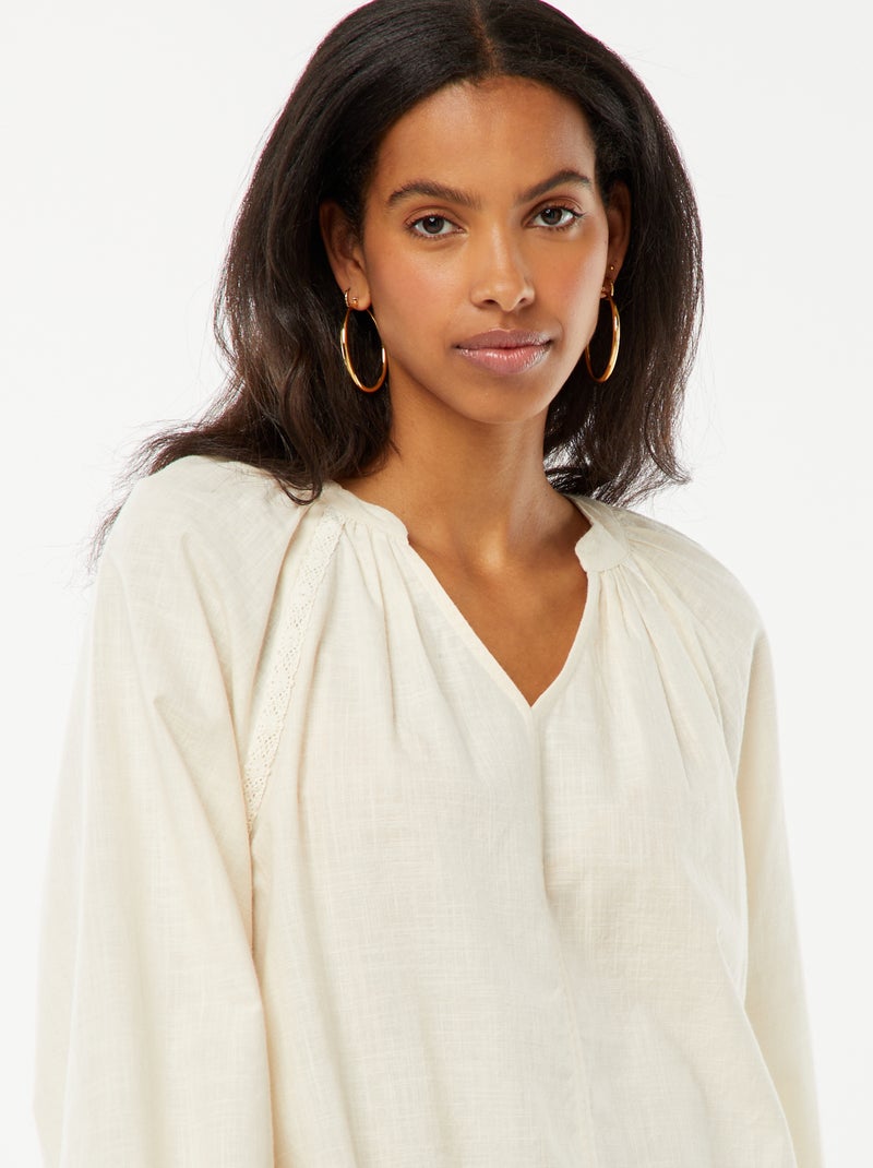 Blusa ancha de algodón con bordados Beige - Kiabi