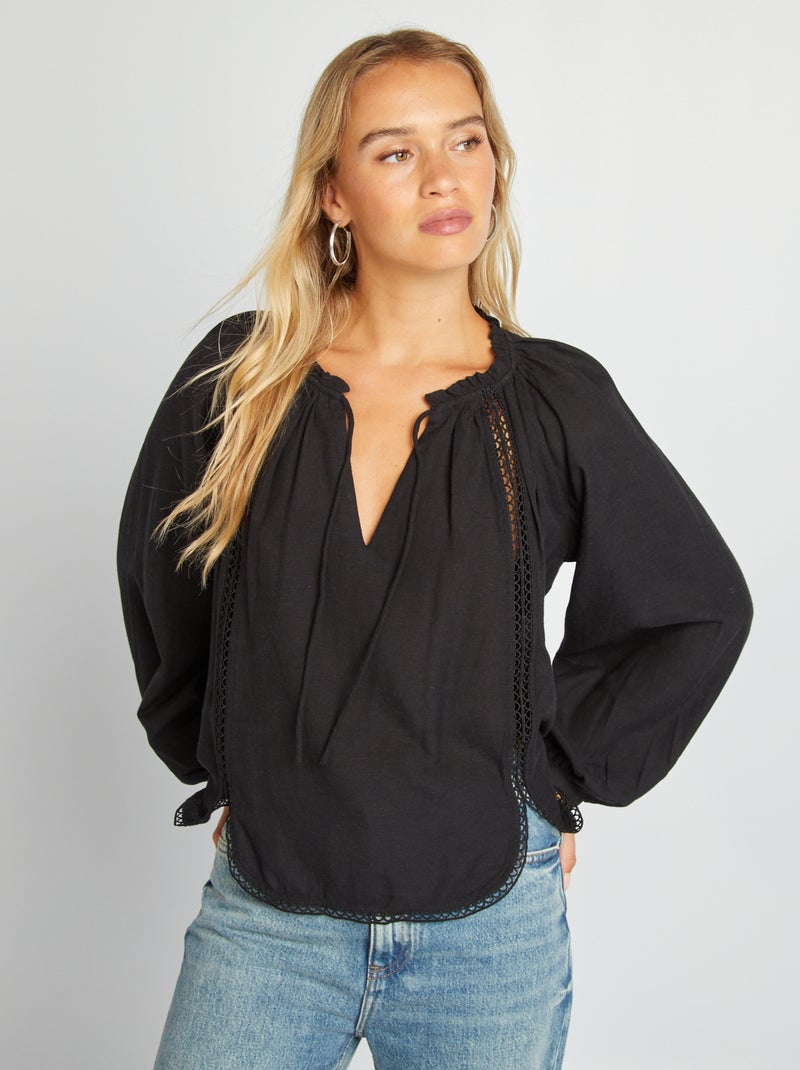 Blusa ancha de mezcla de lino negro - Kiabi