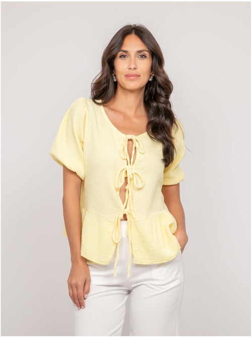Blusa anudada de gasa de algodón OLERVIE - Kiabi Blusa anudada de gasa de algodón OLERVIE - Kiabi