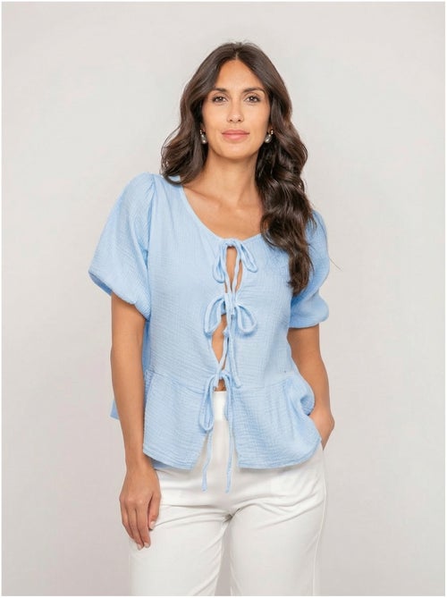 Blusa anudada de gasa de algodón OLERVIE - Kiabi Blusa anudada de gasa de algodón OLERVIE - Kiabi