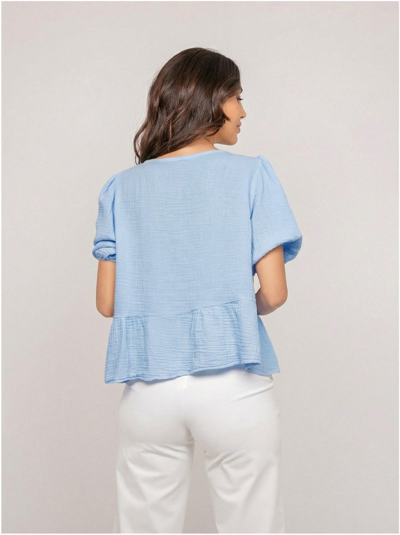 Blusa anudada de gasa de algodón OLERVIE Azul cielo - Kiabi