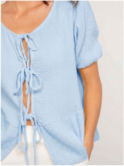 Blusa anudada de gasa de algodón OLERVIE - Kiabi Blusa anudada de gasa de algodón OLERVIE - Kiabi