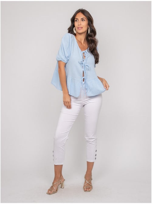 Blusa anudada de gasa de algodón OLERVIE - Kiabi Blusa anudada de gasa de algodón OLERVIE - Kiabi