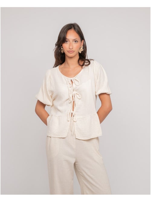 Blusa anudada de gasa de algodón OLERVIE - Kiabi Blusa anudada de gasa de algodón OLERVIE - Kiabi