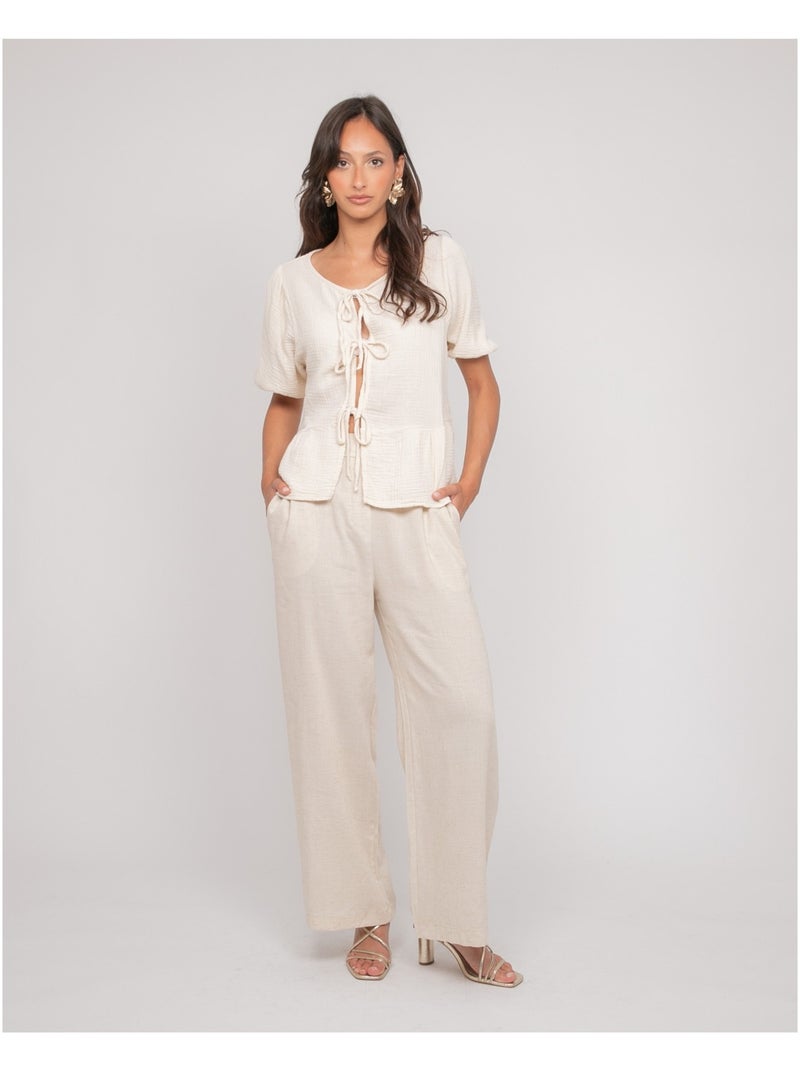 Blusa anudada de gasa de algodón OLERVIE Crudo - Kiabi