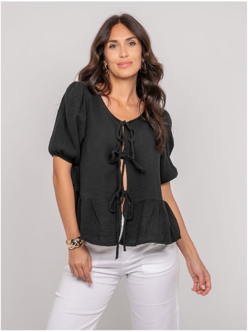 Blusa anudada de gasa de algodón OLERVIE - Kiabi Blusa anudada de gasa de algodón OLERVIE - Kiabi