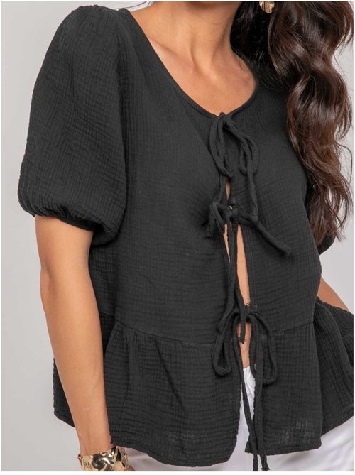 Blusa anudada de gasa de algodón OLERVIE - Kiabi Blusa anudada de gasa de algodón OLERVIE - Kiabi
